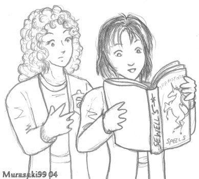 Gilda and Elenna read a spellbook